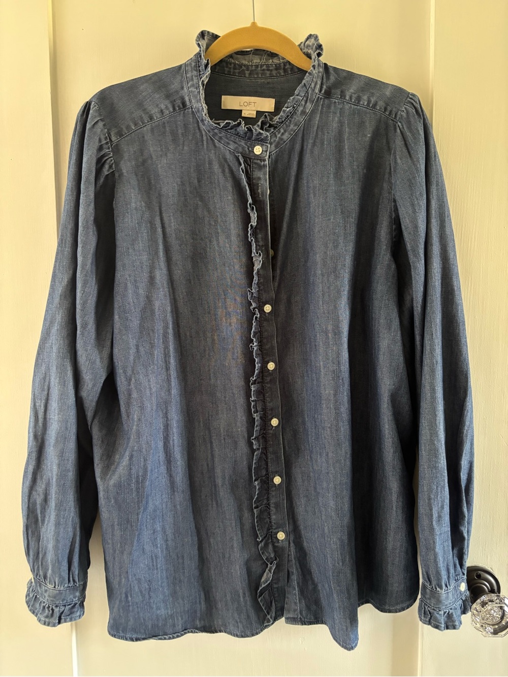 LOFT Denim-Blue Ruffled Chambray Blouse—Sz XL